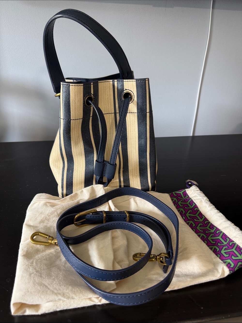 Tory Burch Navy and Cream Striped Bucket Crossbody